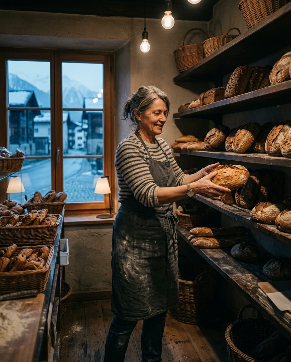 Die Inhaberin einer kleinen Bäckerei räumt am frühen Morgen frisches Brot in ein Holzregal.