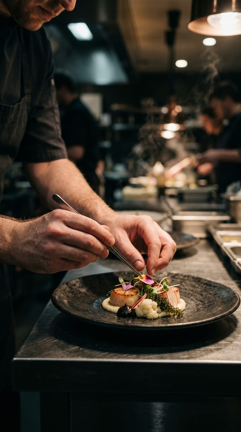 Ein Koch richtet in einer Restaurantküche einen Teller mit einer Pinzette an.